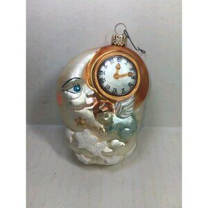 Vintage Hand Blown Glass Ornament Crescent Moon And Cherub Clock Rare